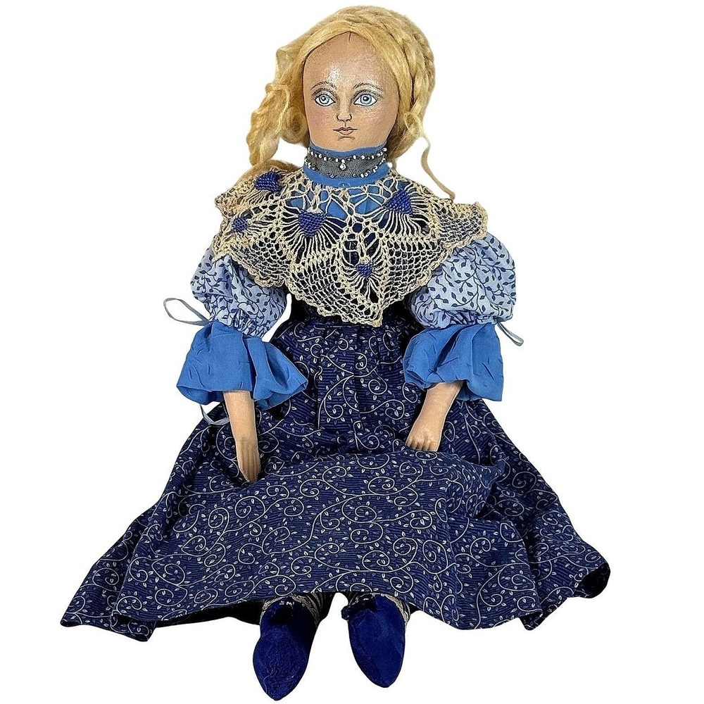 Czech Folk Art Cloth Doll 22.5" Handmade Signed Badruška 2010 Blue Dress